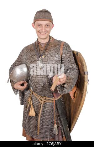 Norman knight dressed warrior 2nd half of the 11th century. Isolated on white Stock Photo