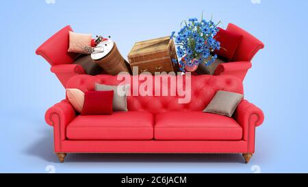 concept of product categories furniture and decor on blue background Stock Photo
