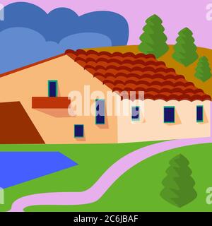 Farm landscape with fields and farmhouse. Vector illustration Stock Vector