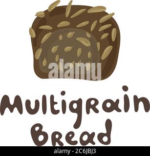 Black multigrain bread. Vector drawing of rye bread. Cute flat style. Funny clipart stock illustration. Icon for menu. Template for cafe or bakery Stock Vector