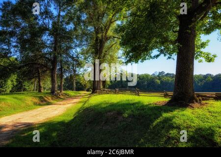 A dirt road travels the length of a field border by a split rail fence along the Natchez Trace parkway in Mississippi Stock Photo