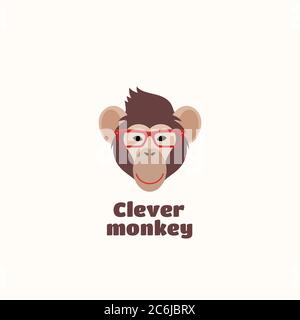 Clever Monkey Vector Sign Emblem or Logo Template. Smiling Ape Face in Glasses Concept. Good for Educational Programs, Courses and Schools. Stock Vector