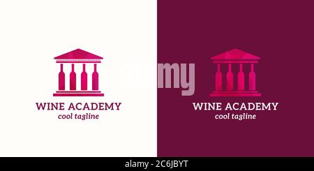 Wine Academy Abstract Vector Sign, Emblem or Logo Template. University or School Building with Wine Bottles Columns. Stock Vector