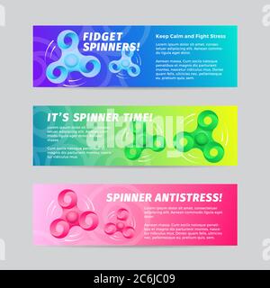 Colorful Gradient Vector Fidget Spinner Banners Set with Typography. Bright Strips for Web Sites and On-line Shops. Stock Vector