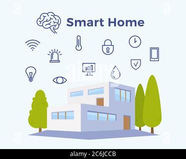 Smart Home Abstract Vector Illustration. Flat Style House with Set of Device and Communication Icons. Stock Vector