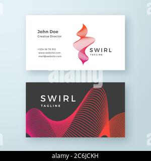Abstract Vector Blend Swirl Business Card Template. Elegant Curved Lines with Bright Red and Pink Gradient Stationary Layout. Soft Shadows. Stock Vector