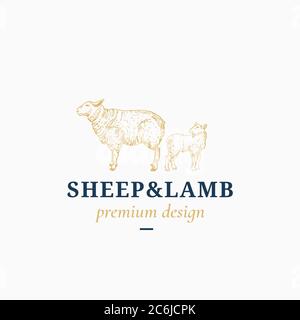 Sheep and Lamb Abstract Vector Sign, Symbol or Logo Template. Hand Drawn Sheep and Little Lamb Sillhouettes with Classy Retro Typography. Vintage Stock Vector