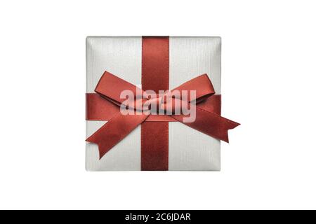 Gift box with dark red ribbon isolated on white background. Close up of  decoration jewelry box Stock Photo - Alamy