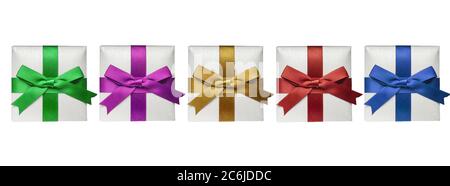 Small different color gift boxes isolated on white background. Five holiday boxes  with ribbon bows Stock Photo