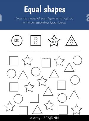 Equal shapes Educational Sheet. Primary module for Attention and Perception. 5-6 years old. Educational Sheets Series Stock Vector