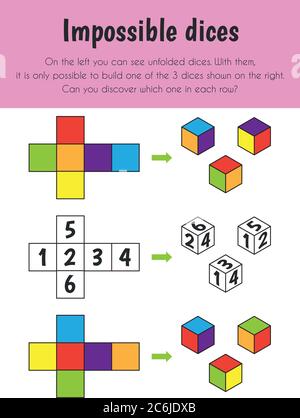 Impossible dices Educational Sheet. Primary module for Logic Reasoning. 5-6 years old. Educational Sheets Series Stock Vector