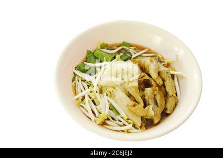 boiled thin rice noodles chicken leg and feet with bean sprout in herb brown soup on bowl Stock Photo