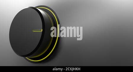 Knob in black color and yellow scale for rotary switch isolated on grey empty background, texture. Banner, copy space. 3d illustration Stock Photo
