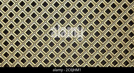 Geometric square shape pattern background, metal texture. Yellow gold color panel wall, art deco style template, 3d illustration Stock Photo