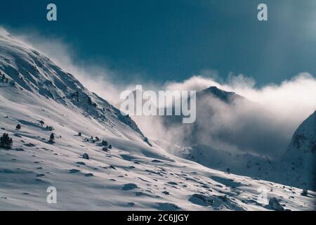 Snow Mountains travel to Andorra Europe, flakes snow natural place Stock Photo