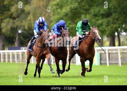 Nazeef and Jim Crowley nearside winning from Billsdon Brook (right) and Terribelum (centre) in the Tattersalls Falmouth Stakes during day two of The Moet and Chandon July Festival at Newmarket Racecourse. Stock Photo