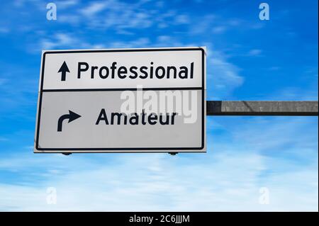 Professional versus amateur. White two street signs with arrow on metal pole. Directional road, Crossroads Road Sign, Two Arrow. Blue sky background. Stock Photo