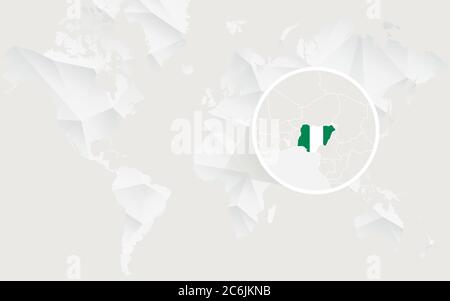 Nigeria map with flag in contour on white polygonal World Map. Vector Illustration. Stock Vector