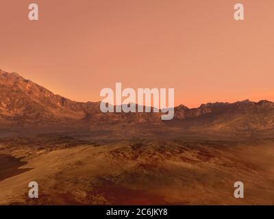 3D Mars landscape rendering with a red rocky terrain, for science fiction or space exploration backgrounds. Stock Photo