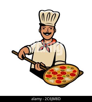 Chef with pizza. Pizzeria, food, restaurant vector illustration Stock Vector