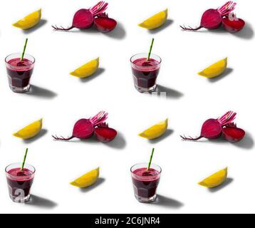 Seamless pattern with beetroot, lemon and fresh juice cocktail on white background Stock Photo