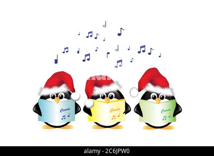 Winter cartoon penguins wearing Santa hats and singing Christmas Carols. Isolated on white. EPS10 vector format. Stock Vector