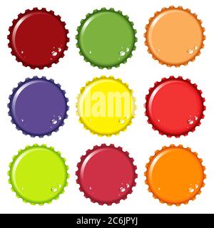 A vector illustration of metal bottle tops in various colours, with condensation water drops. Space for your text Stock Vector