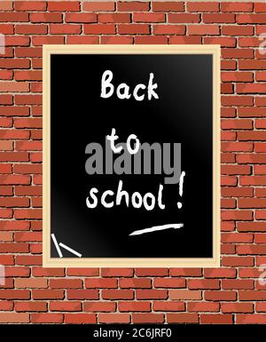 'Back to school' written on blackboard against brick wall. Vector format Stock Vector