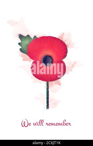 Faded watercolour remembrance poppy, with the slogan: we will remember. EPS10 vector format. Stock Vector
