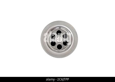 Metal sink drain isolated on white. Kitchen sink hole Stock Photo