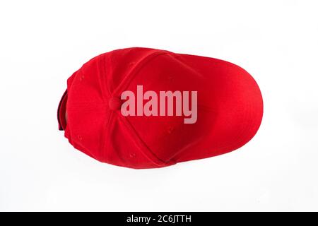 Red Baseball cap isolated on white background.Top view Stock Photo