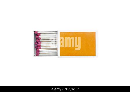 Box of matches isolated on white background. Top view of opened box full of matchsticks Stock Photo