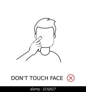 Don't touch face line icon. Man touches his face with warning message and stop sign. Coronavirus prevention sign or symbol. Black outline on white Stock Vector