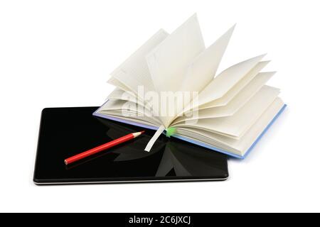 Opened notebook on tablet pc isolated on white background. High resolution photo. Full depth of field. Stock Photo