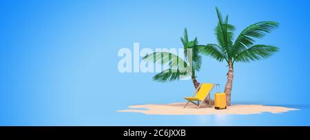 banner with deckchair and suitcase on blue background 3D rendering Stock Photo