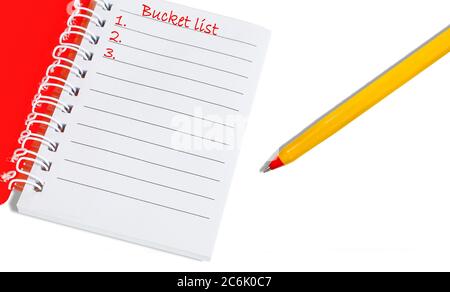 Bucket list notebook and a yellow pen on white background. Blank Template reminder Stock Photo