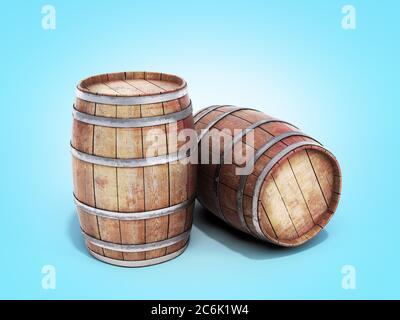 Wooden barrels isolated on blue gradient background 3d illustration Stock Photo