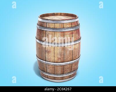 Wooden barrels isolated on white background 3d illustration on blue gradient Stock Photo