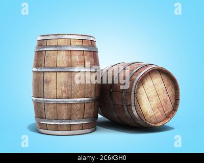 Wooden barrels for wine or wiskey 3d illustration on blue gradient Stock Photo