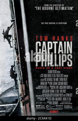 Captain Phillips (2013) directed by Paul Greengrass and starring Tom Hanks, Barkhad Abdi, Barkhad Abdirahman and Max Martini. True story of the 2009 hijacking of the MV Maersk Alabama cargo ship by Somali pirates and subsequent rescue by Navy SEALs. Stock Photo