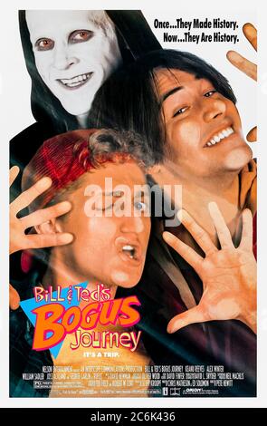 Bill & Ted's Bogus Journey (1991) directed by Peter Hewitt and starring Keanu Reeves, Alex Winter, William Sadler and Pam Grier. Two androids from the future that look like Bill & Ted are sent back to replace them and he boys must outwit Death himself. Stock Photo