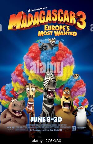 Madagascar 3: Europe's Most Wanted (2012) directed by Eric Darnell, Tom McGrath and Conrad Vernon and starring Ben Stiller, Jada Pinkett Smith, Chris Rock and David Schwimmer. Still trying to get back in to the New York Central Park Zoo, the animals must first travel through Europe. Stock Photo