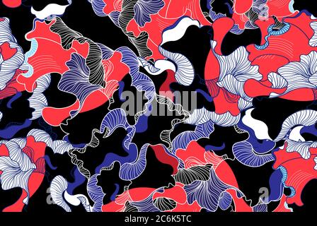Seamless abstract background with wavy objects on a dark background. An example of a design for fabric or Wallpaper. Stock Vector
