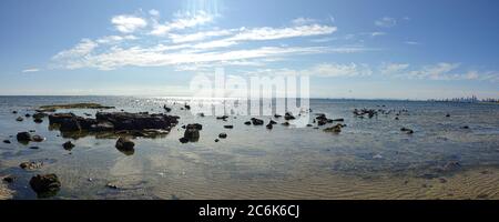 Panorama view of seashore of brighton beach in Melbourne Australia in the morning in the summer in March 2020 Stock Photo