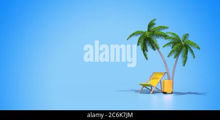 banner with deck chair, suitcase and palm trees on blue background 3D rendering Stock Photo