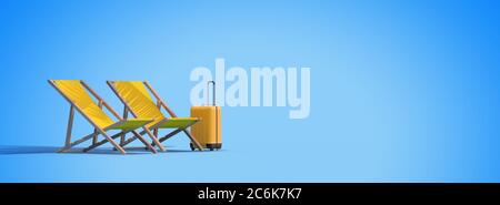 banner with deck chair, suitcase and palm trees on blue background 3D rendering Stock Photo
