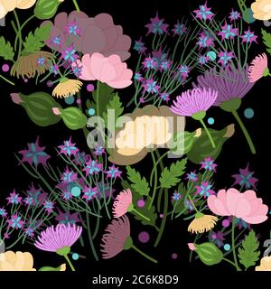 bright delicate flowers on a black background seamless pattern Stock Vector
