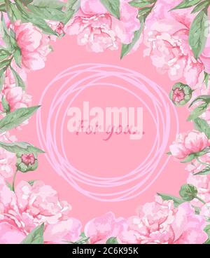Frame of pink blooming peonies with buds and leaves. Stock Vector