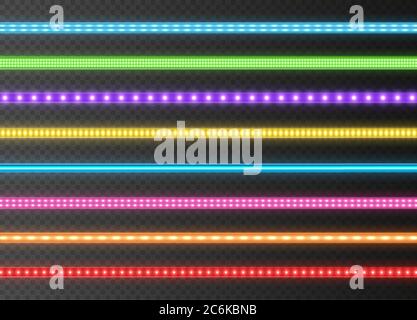 Colorful LED strips collection, bright luminous ribbons isolated on a transparent background. Realistic neon garlands. Stock Vector