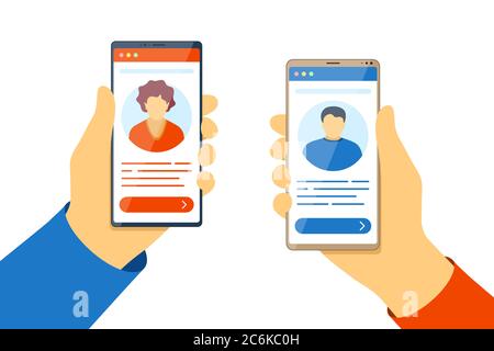 Web video mobile conference. Man and woman use video call on smartphone screens. Online meeting or dating concept. Communication app vector eps flat design Stock Vector